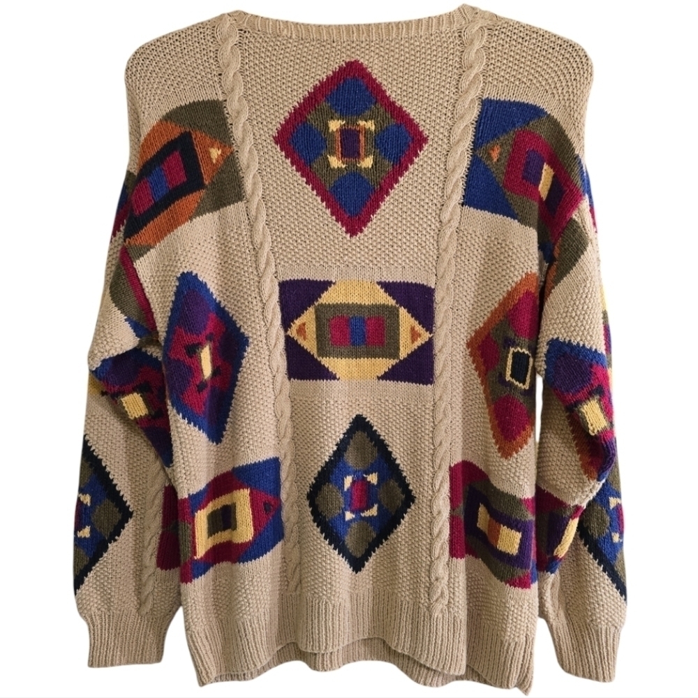 Vintage 90s Cricket Multicolor Designed Linen Cotton Blend Sweater XL Crewneck - Picture 3 of 4